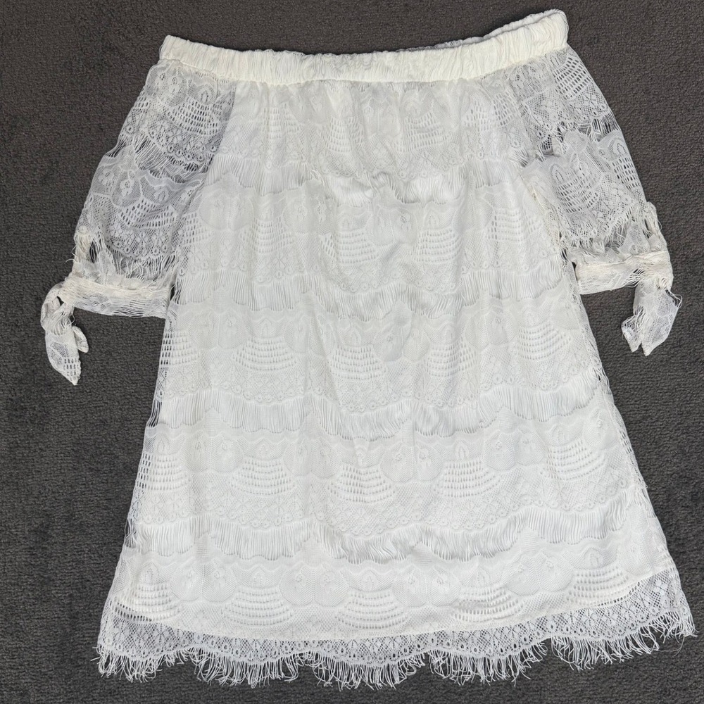 Hint of Blush White Lace Off the Shoulder Mini Dress with Tie Cuffs Large